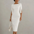 Brenda | Pearl-Trim Slit Sleeve Pencil Midi Dress