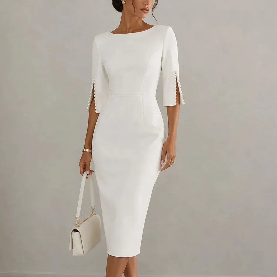 Brenda | Pearl-Trim Slit Sleeve Pencil Midi Dress