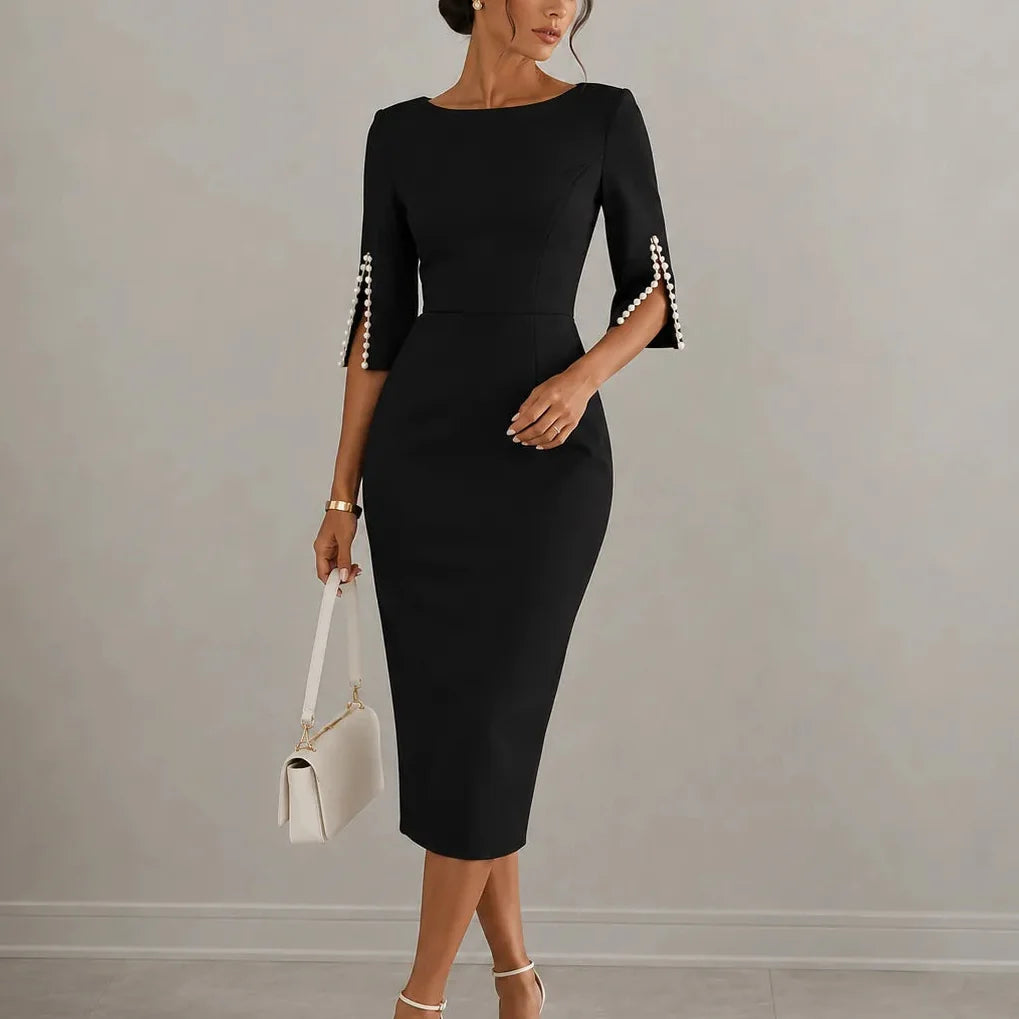 Brenda | Pearl-Trim Slit Sleeve Pencil Midi Dress