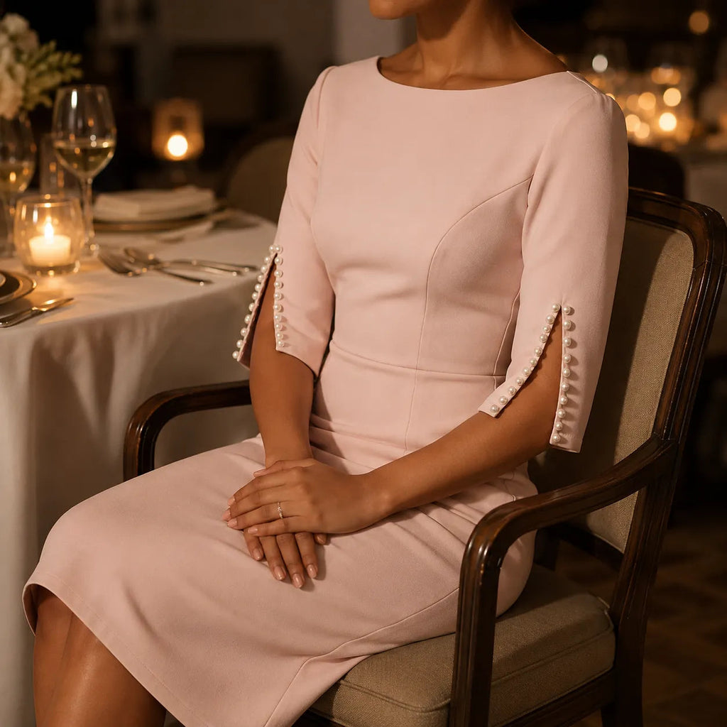 Brenda | Pearl-Trim Slit Sleeve Pencil Midi Dress