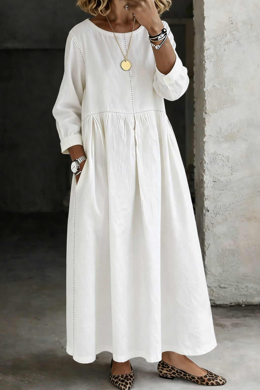 Carolyn | Round Neck Long Sleeve Denim Dress