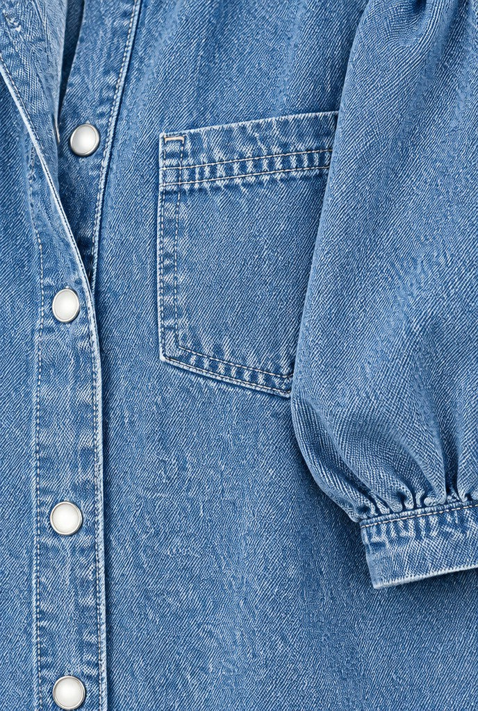 Dalia | Denim Blouse with Puff Sleeves and Snap Buttons, close-up 1