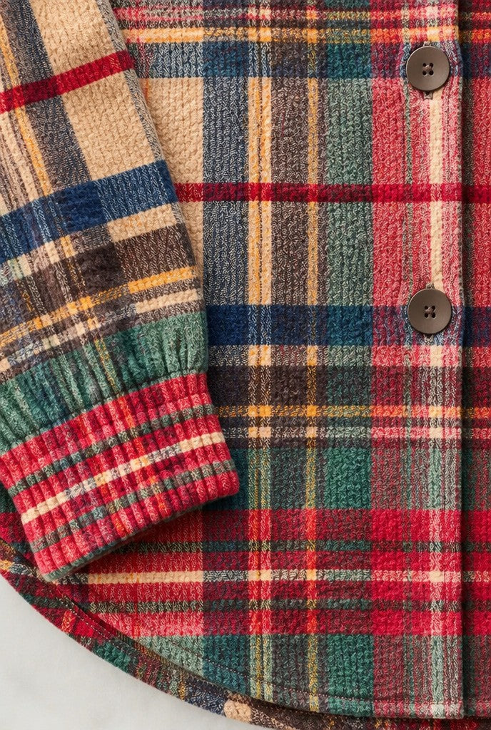 Serena | Plaid Shirt with Ribbed Trim & Curved Hem, close-up 1