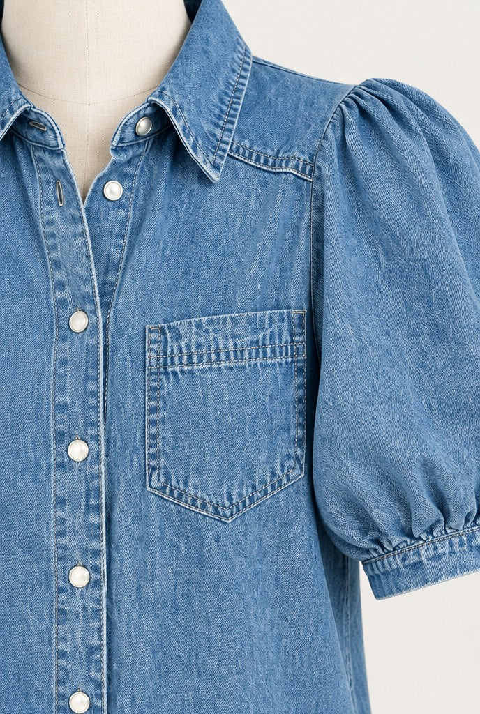 Dalia | Denim Blouse with Puff Sleeves and Snap Buttons, close-up 2