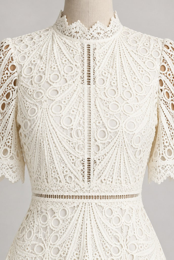 Liora | Guipure Lace Midi Dress, High-Neck, close-up 2