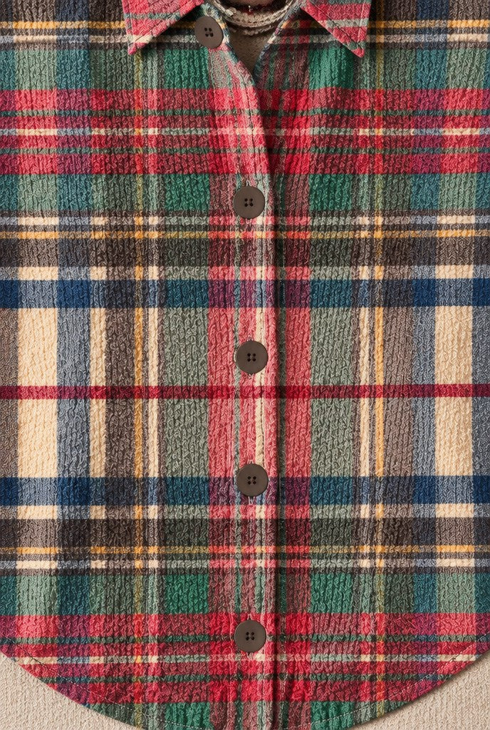 Serena | Plaid Shirt with Ribbed Trim & Curved Hem, close-up 2