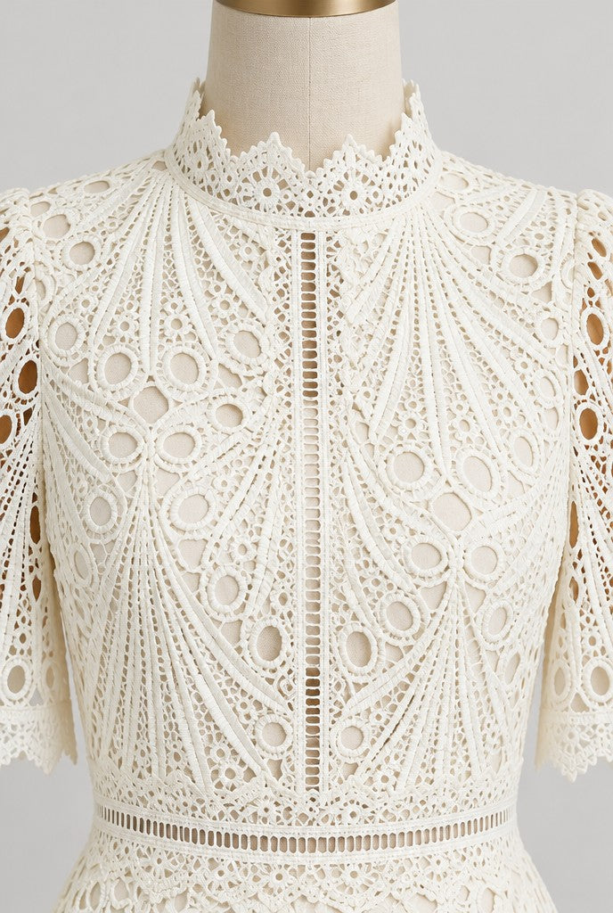 Liora | Guipure Lace Midi Dress, High-Neck, close-up 3