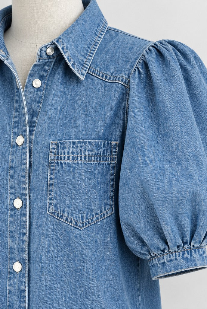 Dalia | Denim Blouse with Puff Sleeves and Snap Buttons, close-up 3