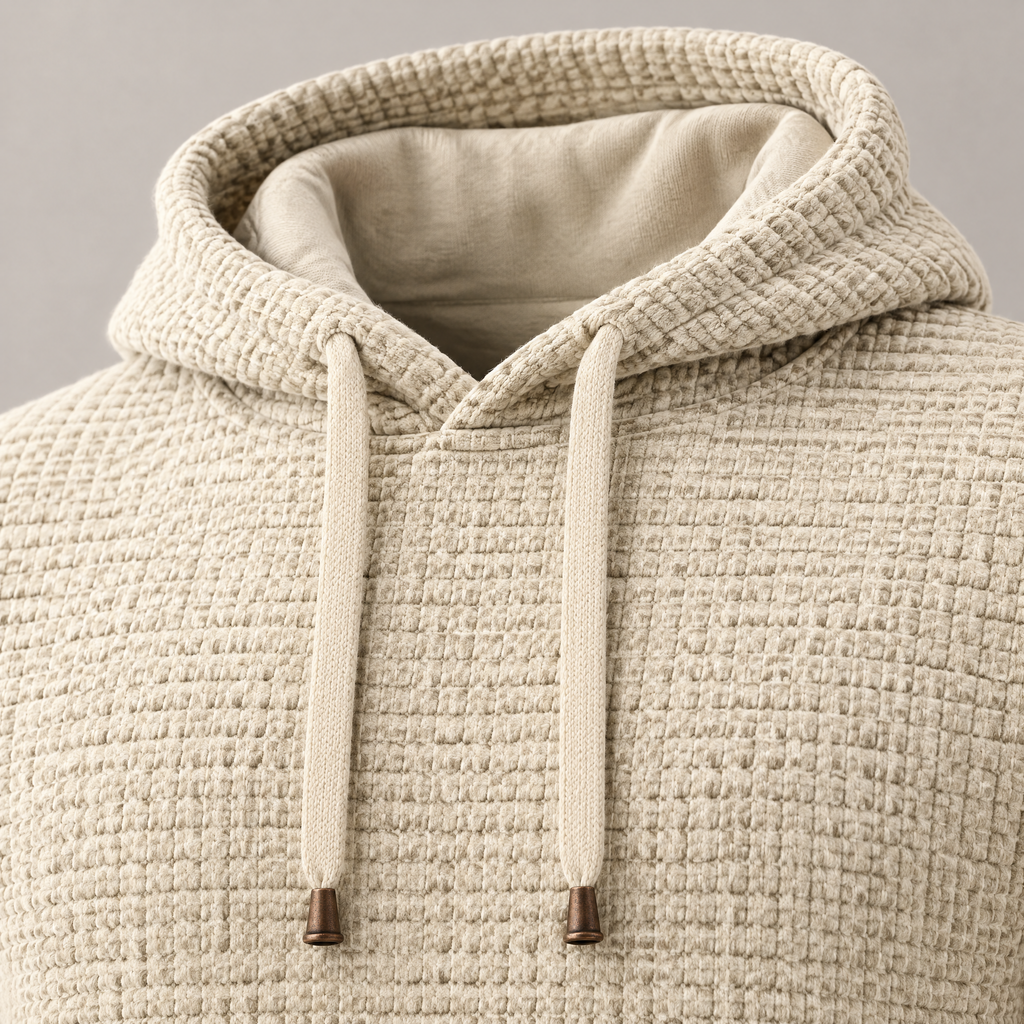 David waffle-textured drawstring hoodie – close-up of the drawstrings with bronze-tone tips (Beige)