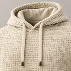 David waffle-textured drawstring hoodie – close-up of the drawstrings with bronze-tone tips (Beige)