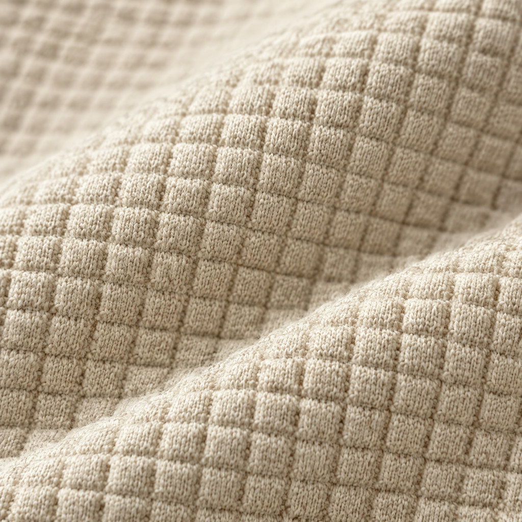 David waffle-textured drawstring hoodie – close-up of the waffle-knit fabric (Beige)