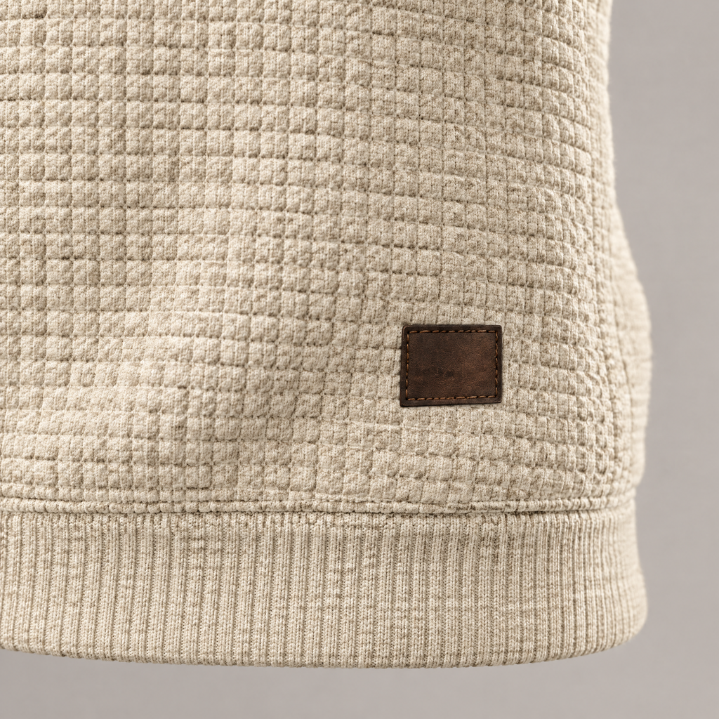 David waffle-textured drawstring hoodie – patch detail and ribbed hem (Beige)