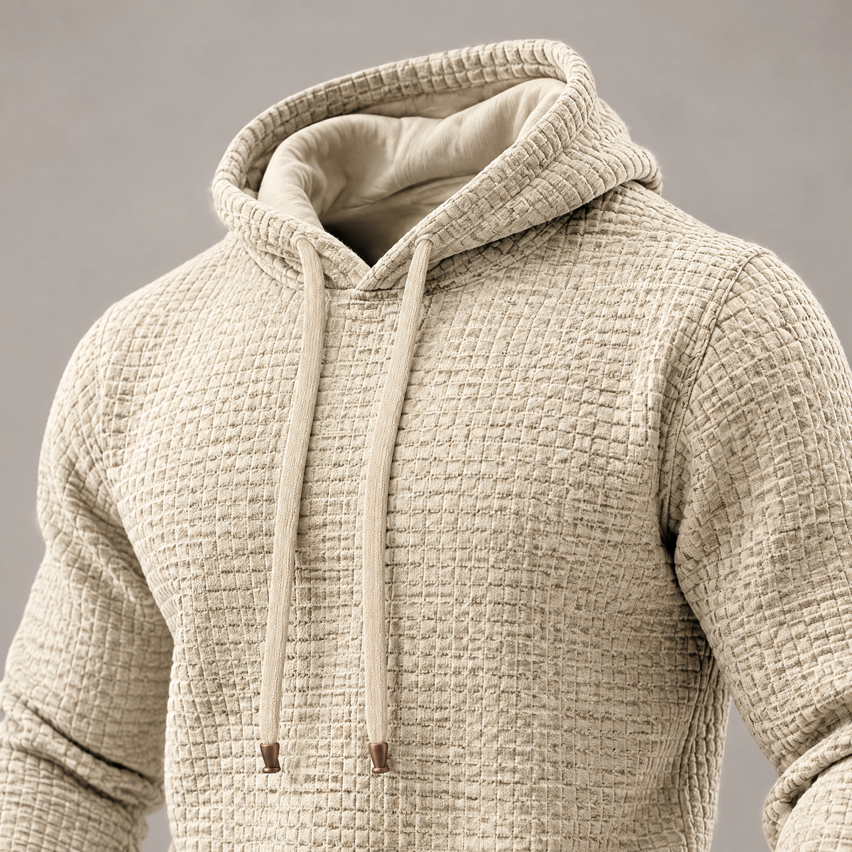 David waffle-textured drawstring hoodie – double-layer hood (Beige)