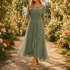 Dominique | Embroidered Lace 3/4-Sleeve Midi Dress