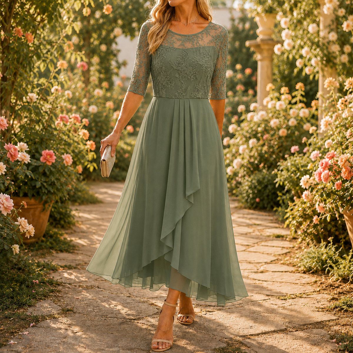 Dominique | Embroidered Lace 3/4-Sleeve Midi Dress