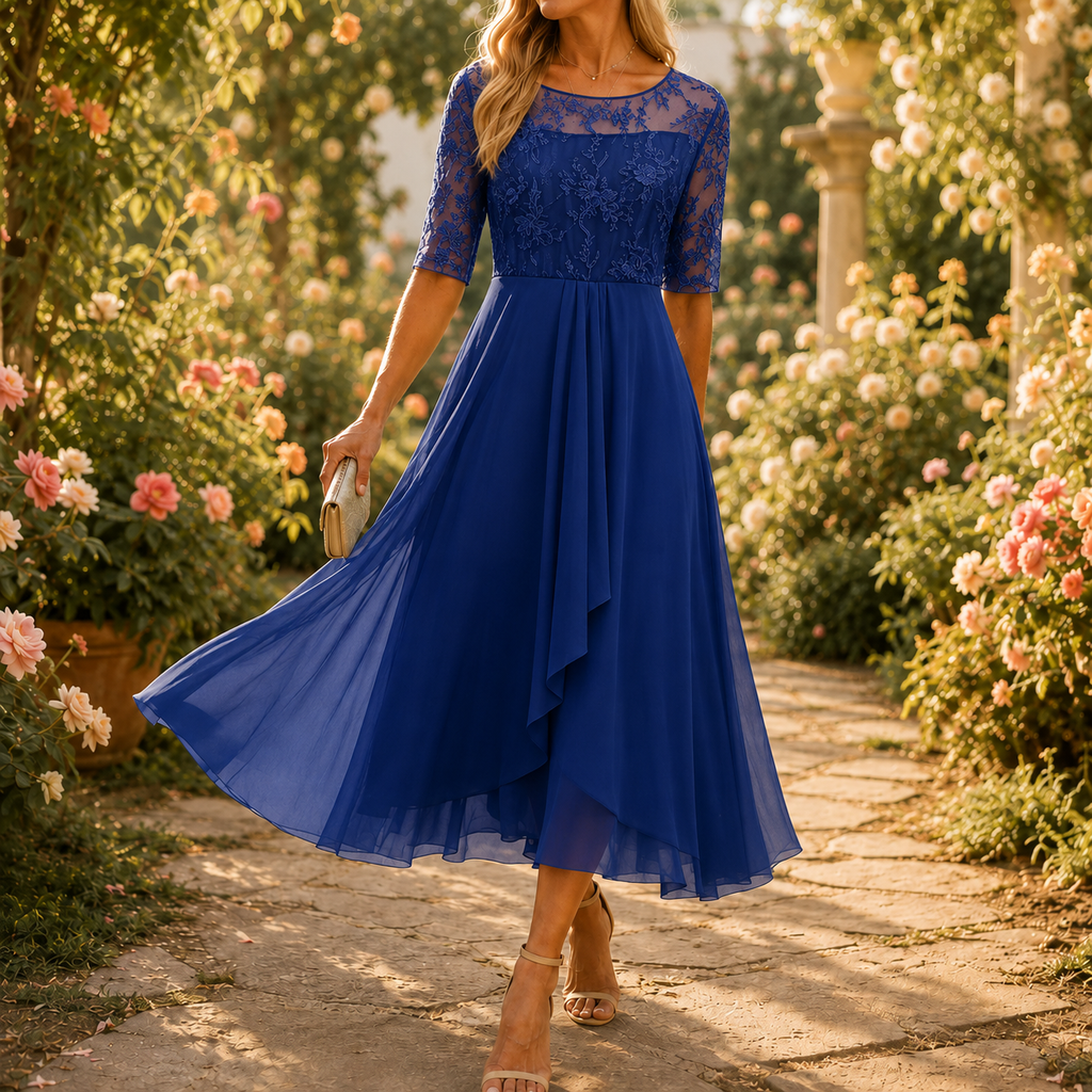 Dominique | Embroidered Lace 3/4-Sleeve Midi Dress