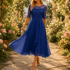 Dominique | Embroidered Lace 3/4-Sleeve Midi Dress