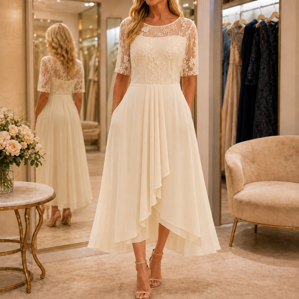 Dominique | Embroidered Lace 3/4-Sleeve Midi Dress