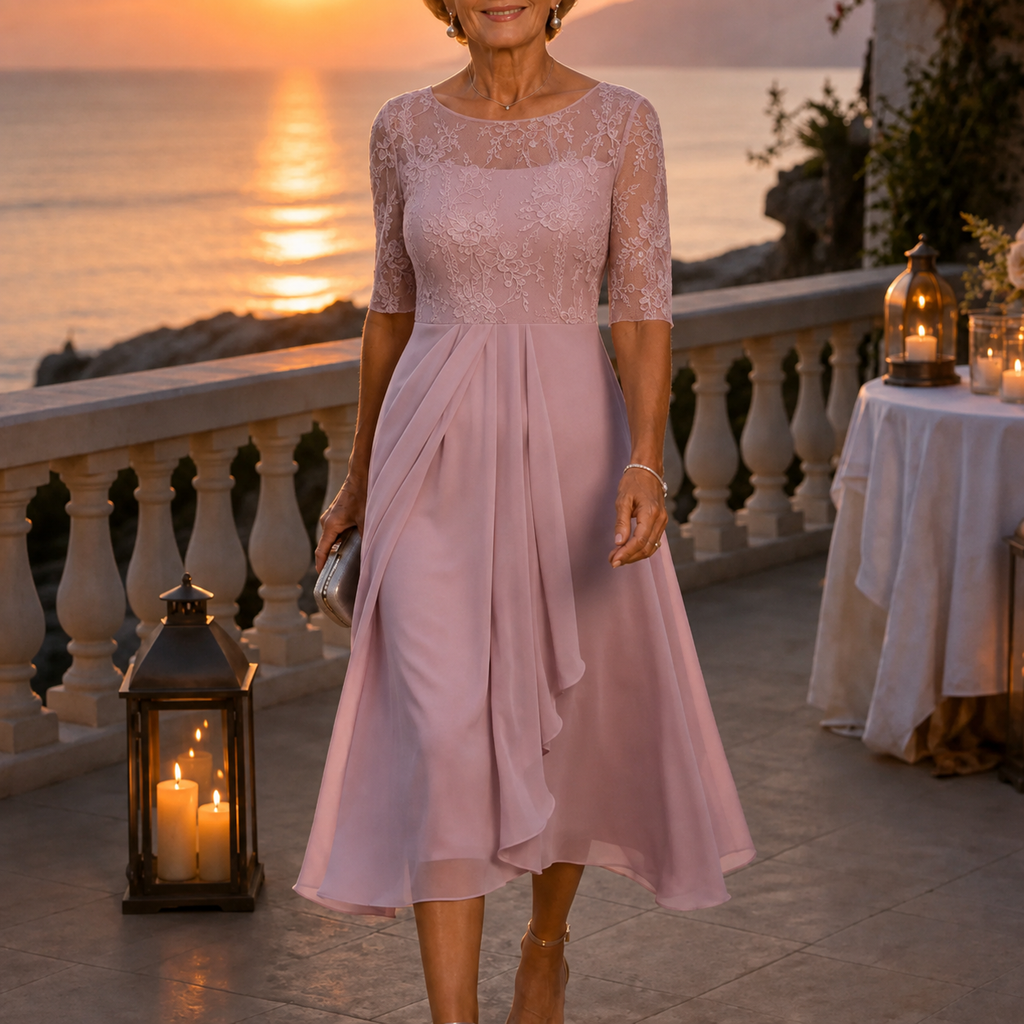 Dominique | Embroidered Lace 3/4-Sleeve Midi Dress