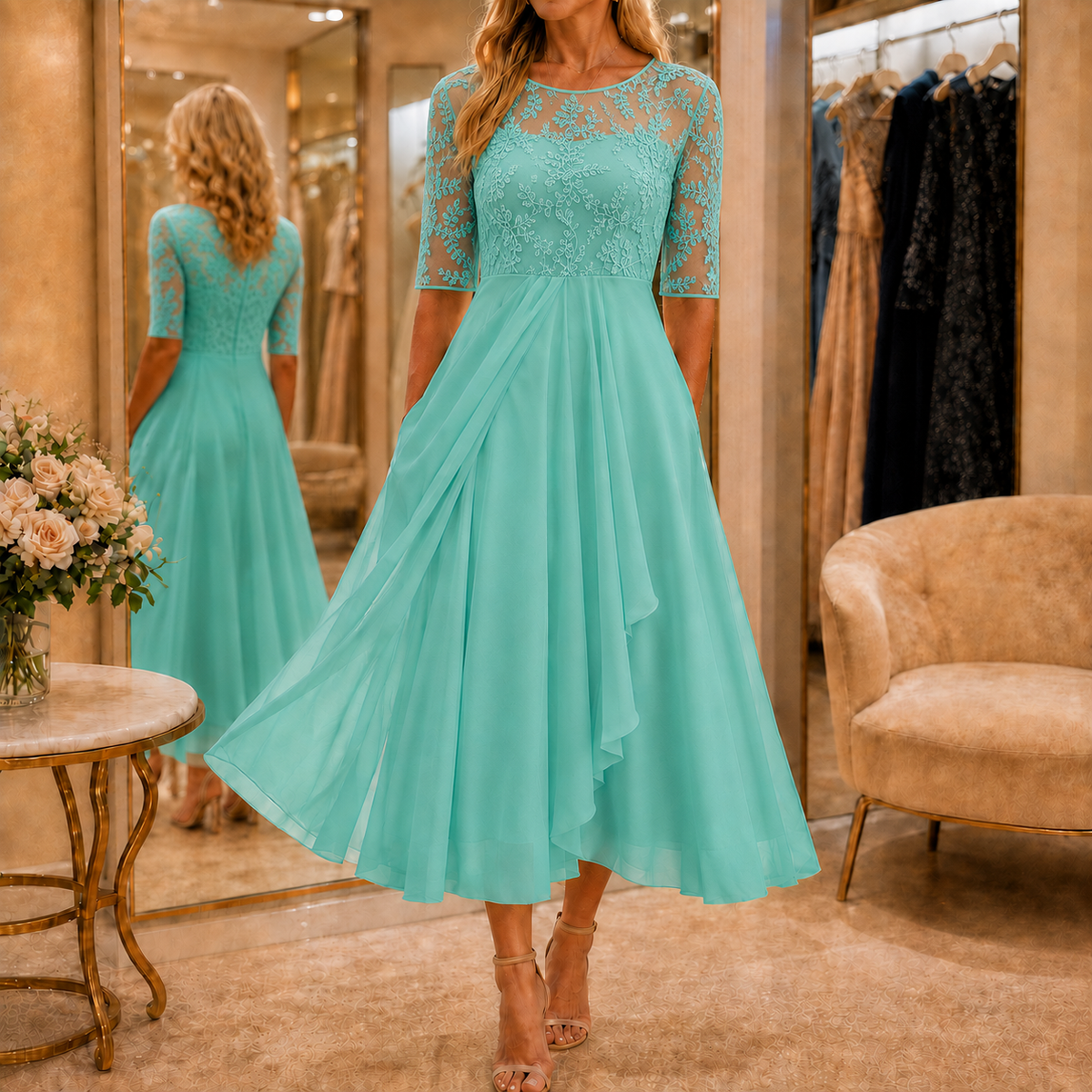 Dominique | Embroidered Lace 3/4-Sleeve Midi Dress
