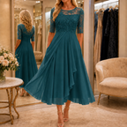 Dominique | Embroidered Lace 3/4-Sleeve Midi Dress