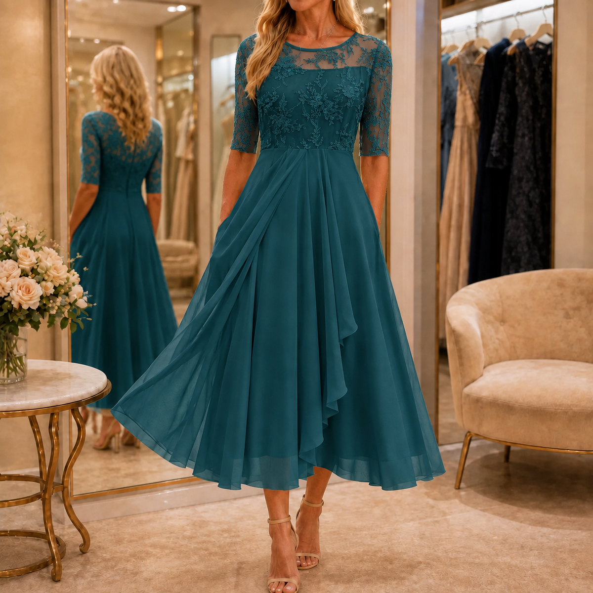 Dominique | Embroidered Lace 3/4-Sleeve Midi Dress