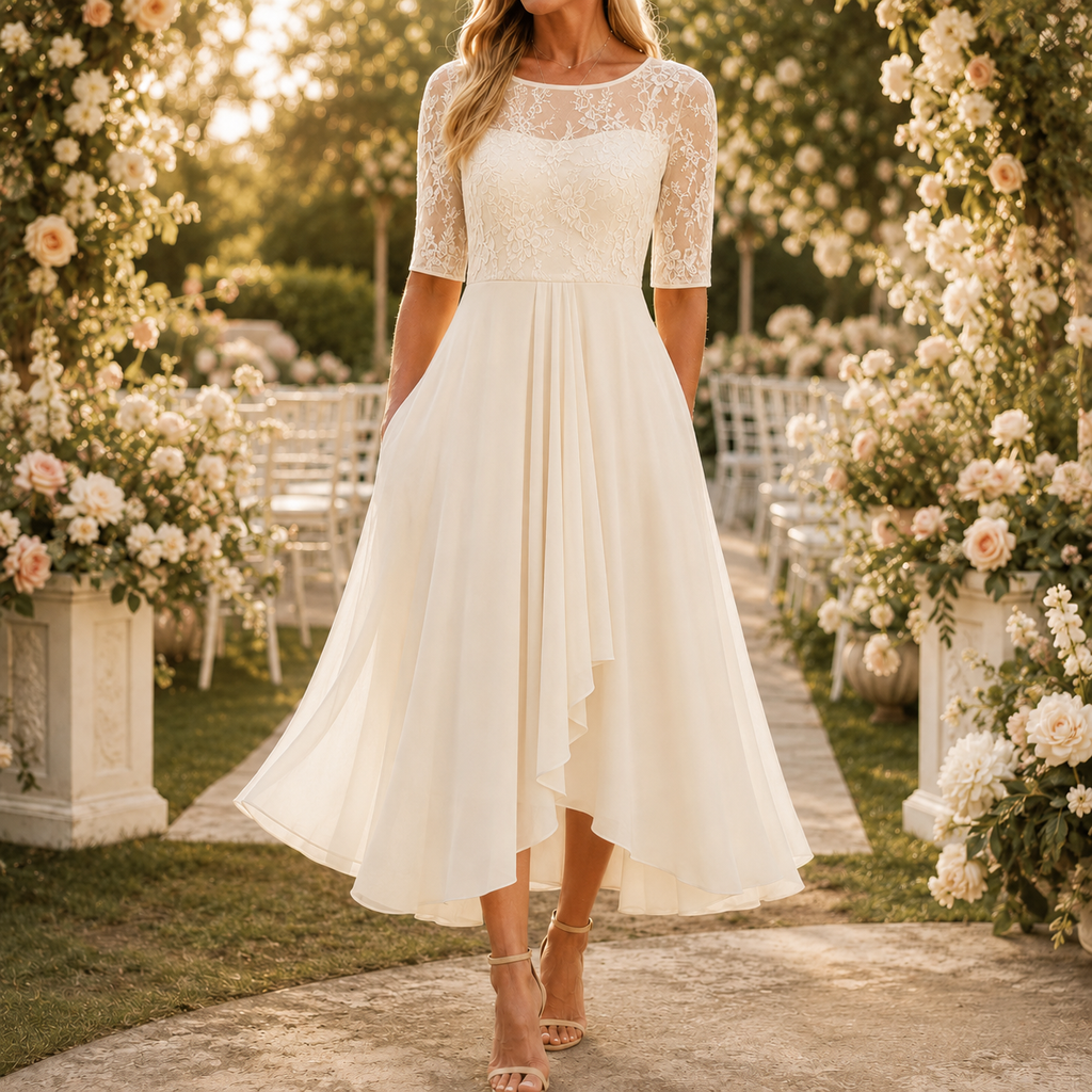 Dominique | Embroidered Lace 3/4-Sleeve Midi Dress