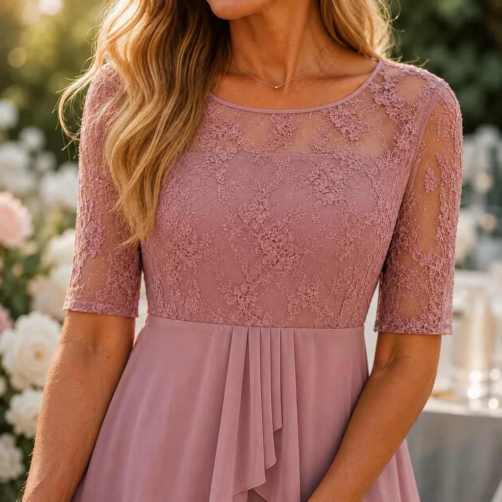 Dominique | Embroidered Lace 3/4-Sleeve Midi Dress