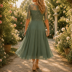 Dominique | Embroidered Lace 3/4-Sleeve Midi Dress