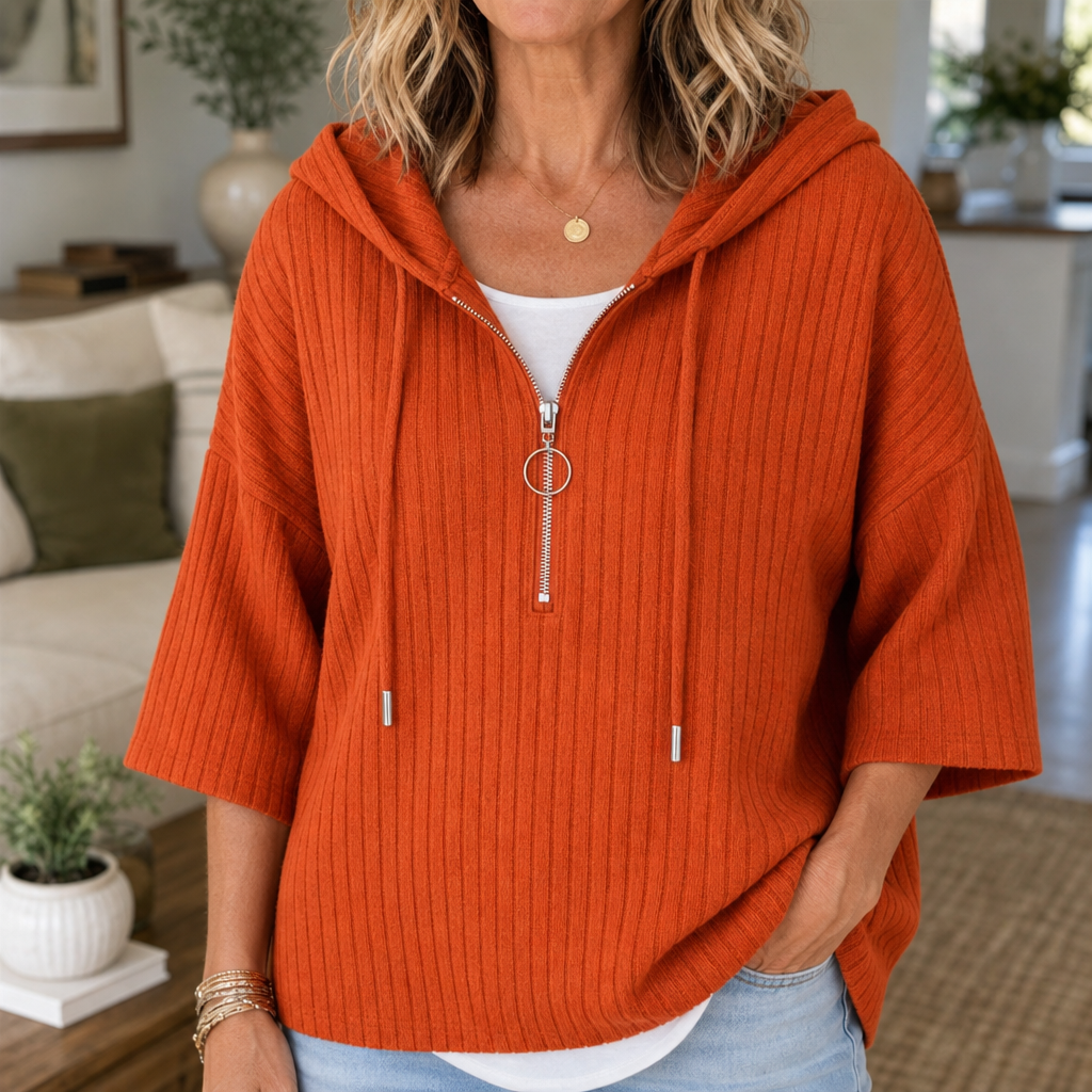 Evie | Ribbed Half-Zip Hooded Knit Top