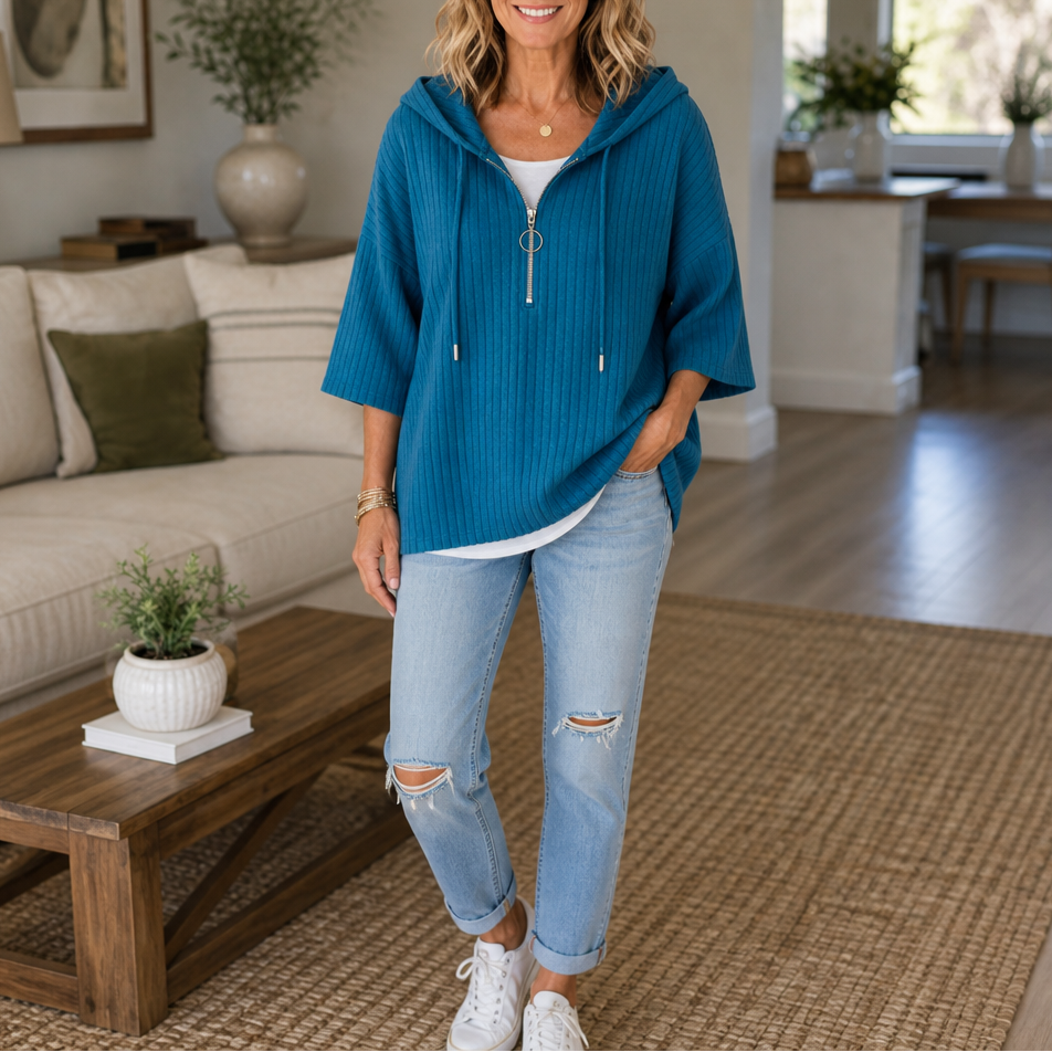 Evie | Ribbed Half-Zip Hooded Knit Top