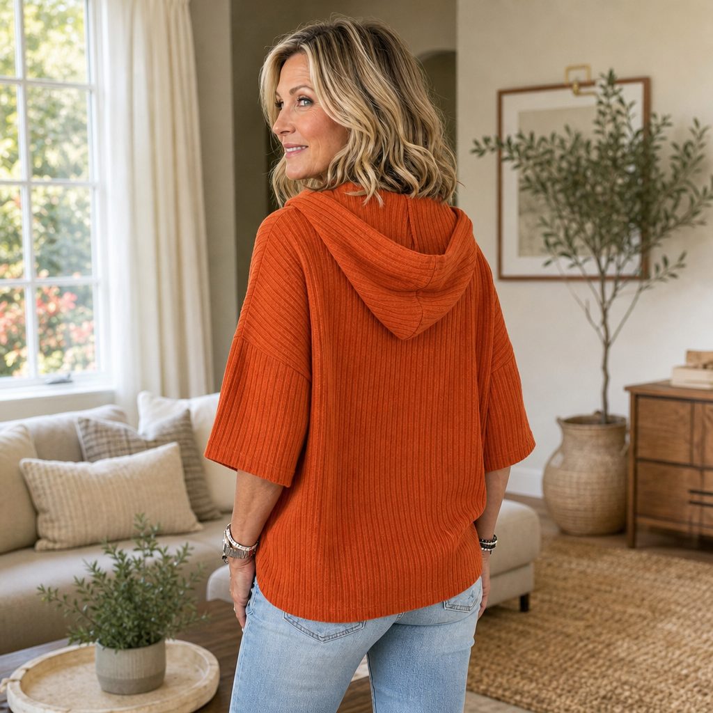 Evie | Ribbed Half-Zip Hooded Knit Top