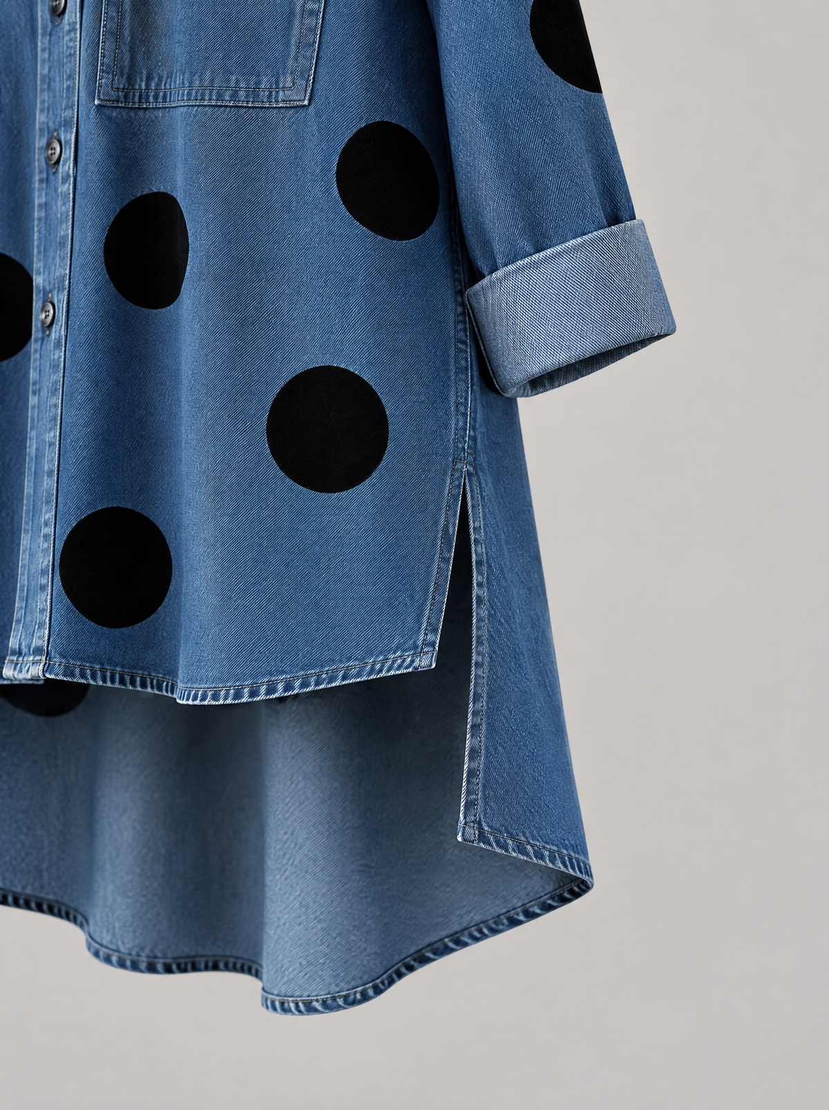 Flora oversized polka dot shirt – side slit and high-low hem (Blue)