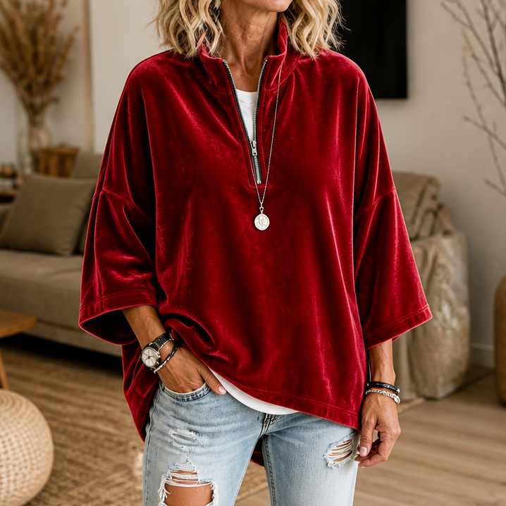 Frankie | Half-Zip Funnel-Neck Velour Pullover
