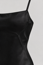Gabriella satin corset maxi dress – thin strap and corset seams (Black)
