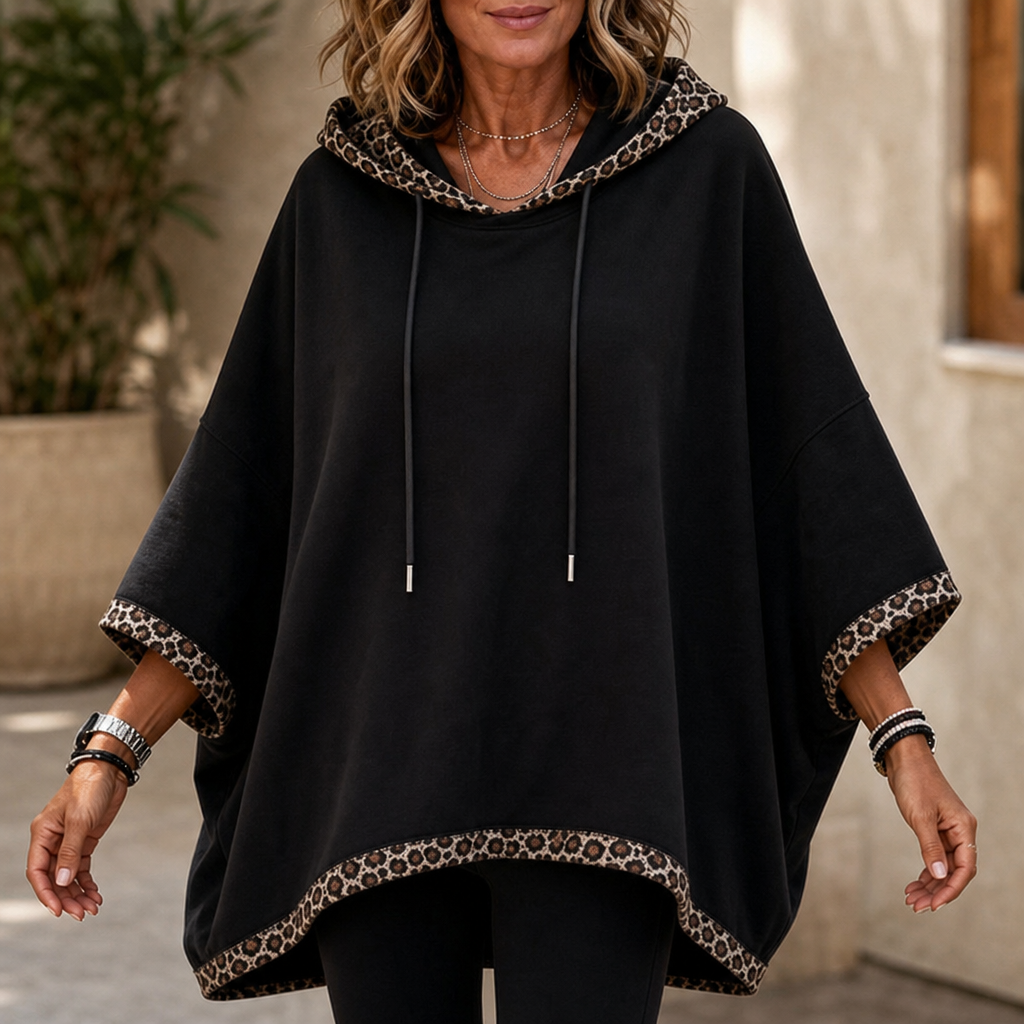 Gail | Leopard Trim Wide Sleeve Off-Shoulder Hoodie