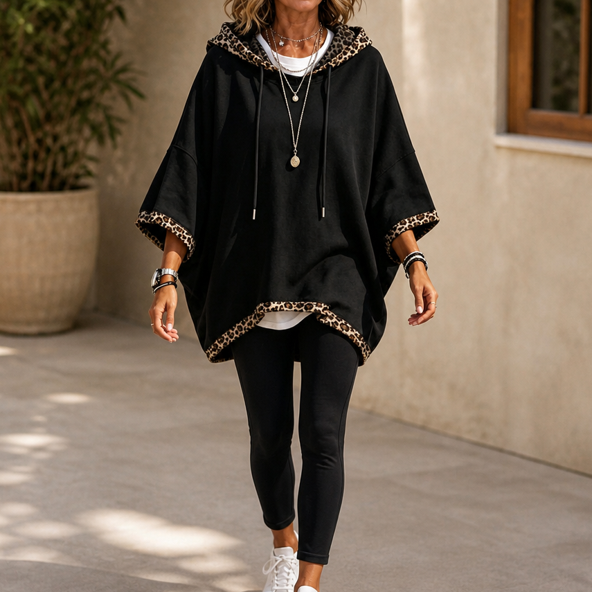 Gail | Leopard Trim Wide Sleeve Off-Shoulder Hoodie