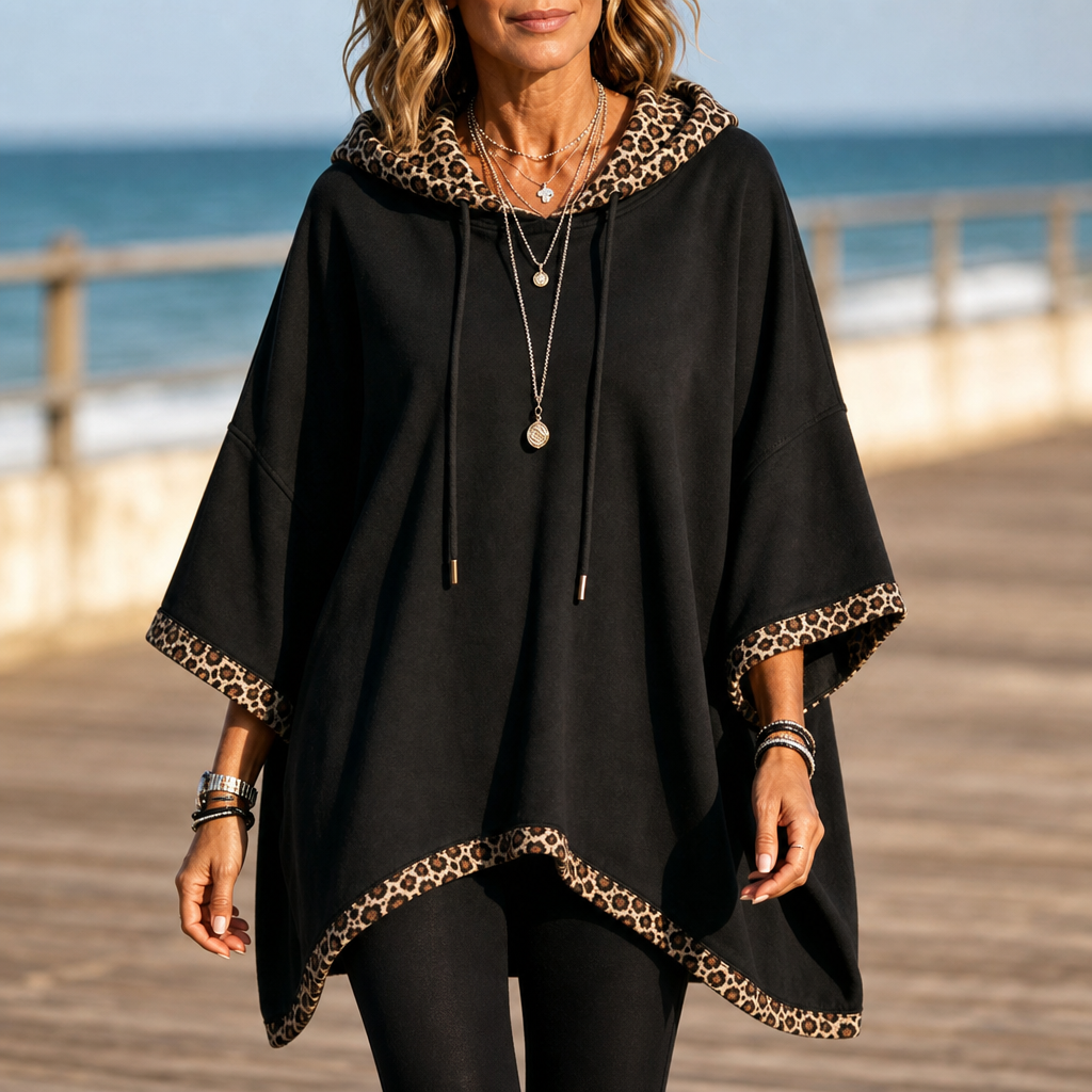Gail | Leopard Trim Wide Sleeve Off-Shoulder Hoodie