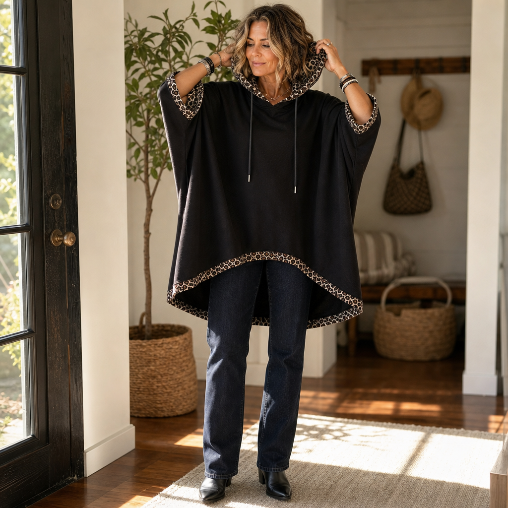 Gail | Leopard Trim Wide Sleeve Off-Shoulder Hoodie