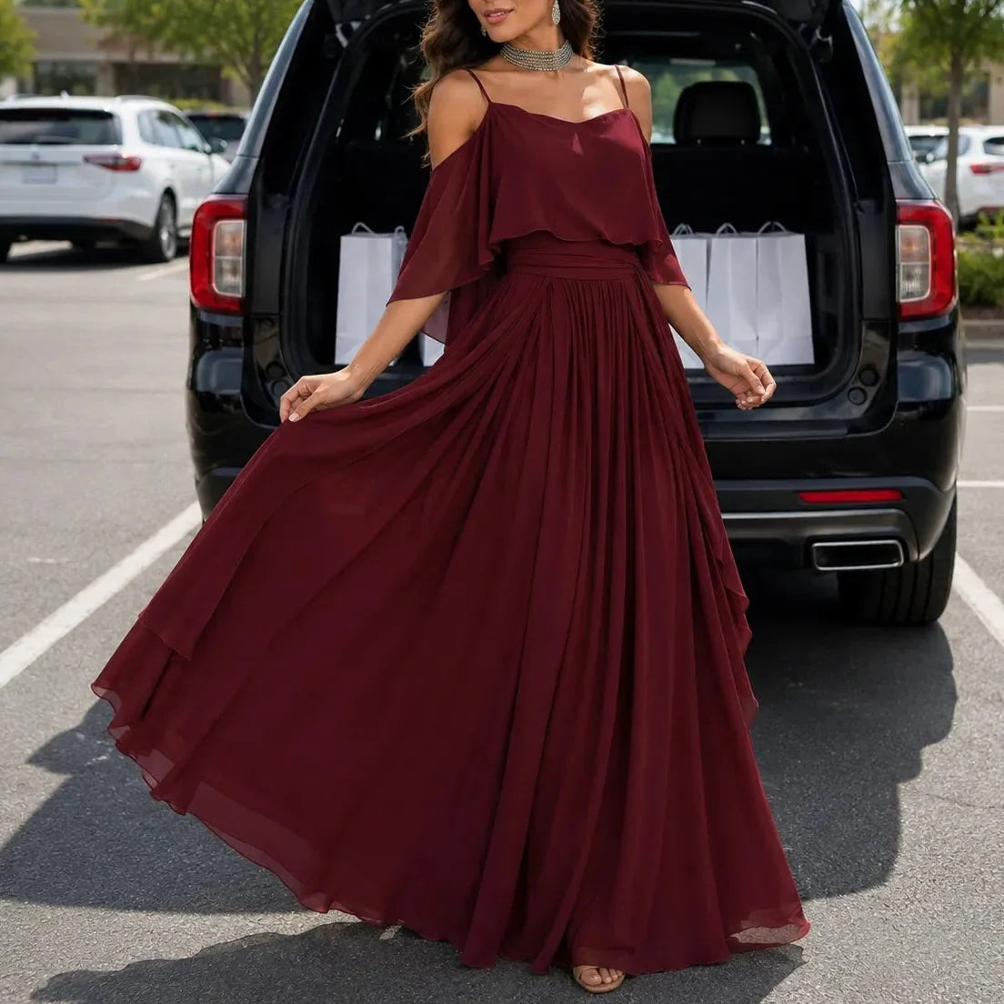 Heidi | Cold-Shoulder Chiffon-Like Maxi Dress