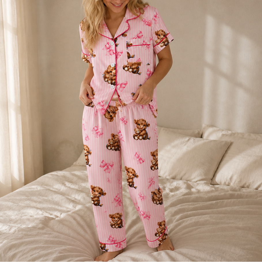 Henrietta | Highland Cow Print Three-Piece Pajama Set