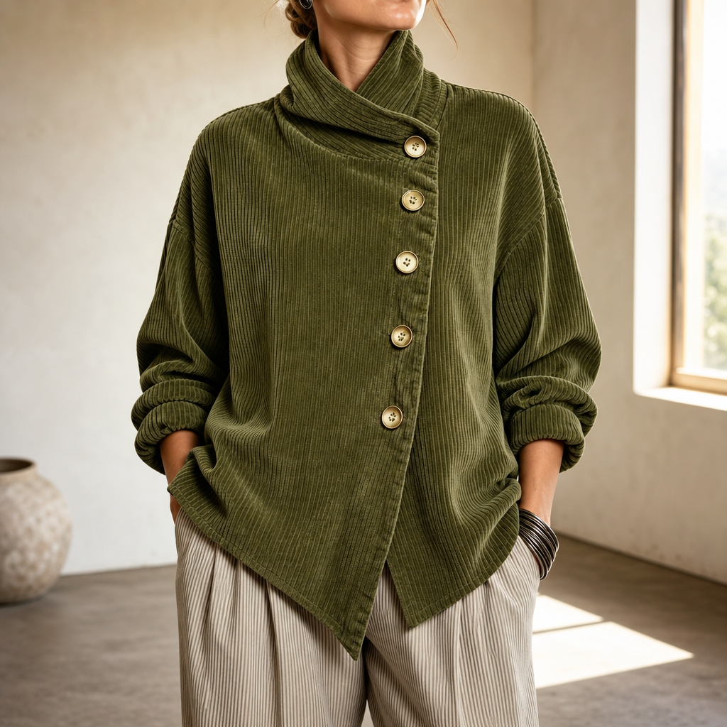 Ina | Asymmetric Button Corduroy Funnel-Neck Top