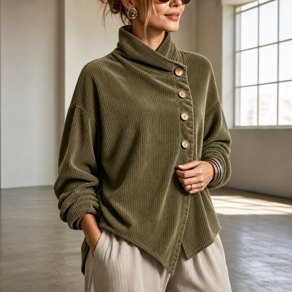 Ina | Asymmetric Button Corduroy Funnel-Neck Top