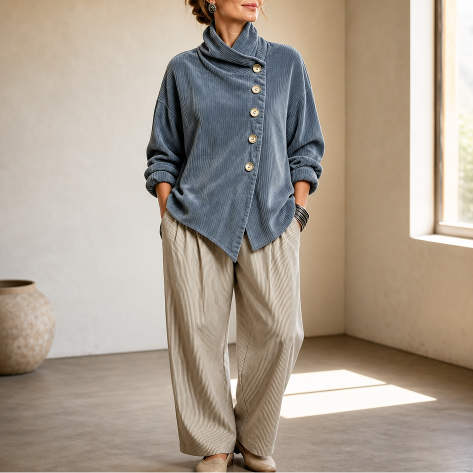 Ina | Asymmetric Button Corduroy Funnel-Neck Top