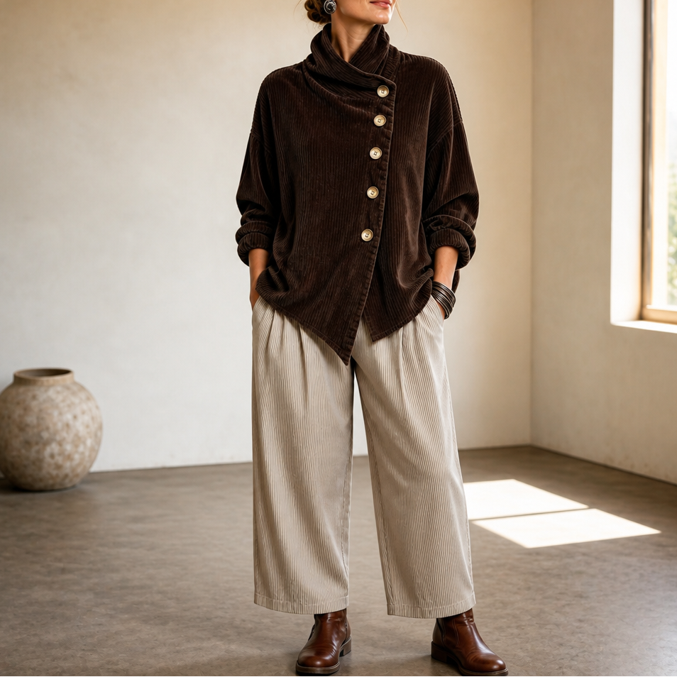 Ina | Asymmetric Button Corduroy Funnel-Neck Top