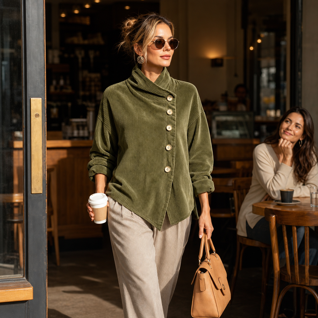 Ina | Asymmetric Button Corduroy Funnel-Neck Top
