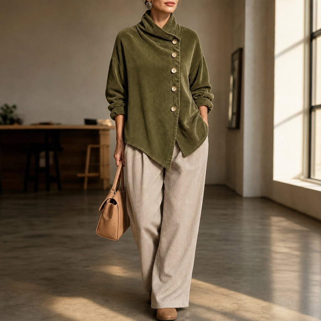 Ina | Asymmetric Button Corduroy Funnel-Neck Top