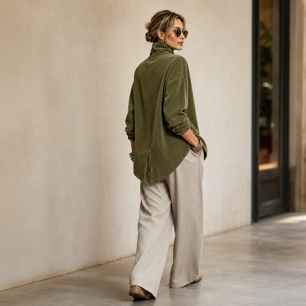 Ina | Asymmetric Button Corduroy Funnel-Neck Top
