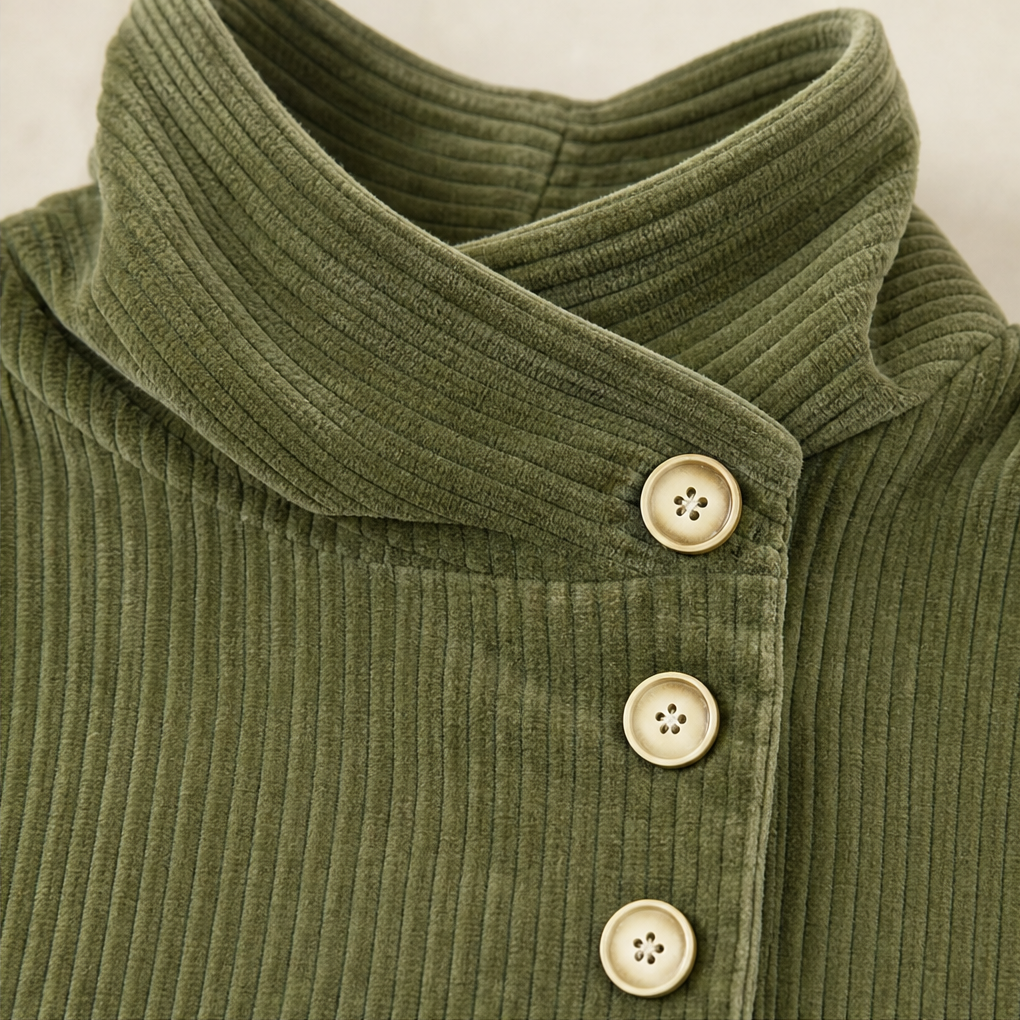 Ina | Asymmetric Button Corduroy Funnel-Neck Top