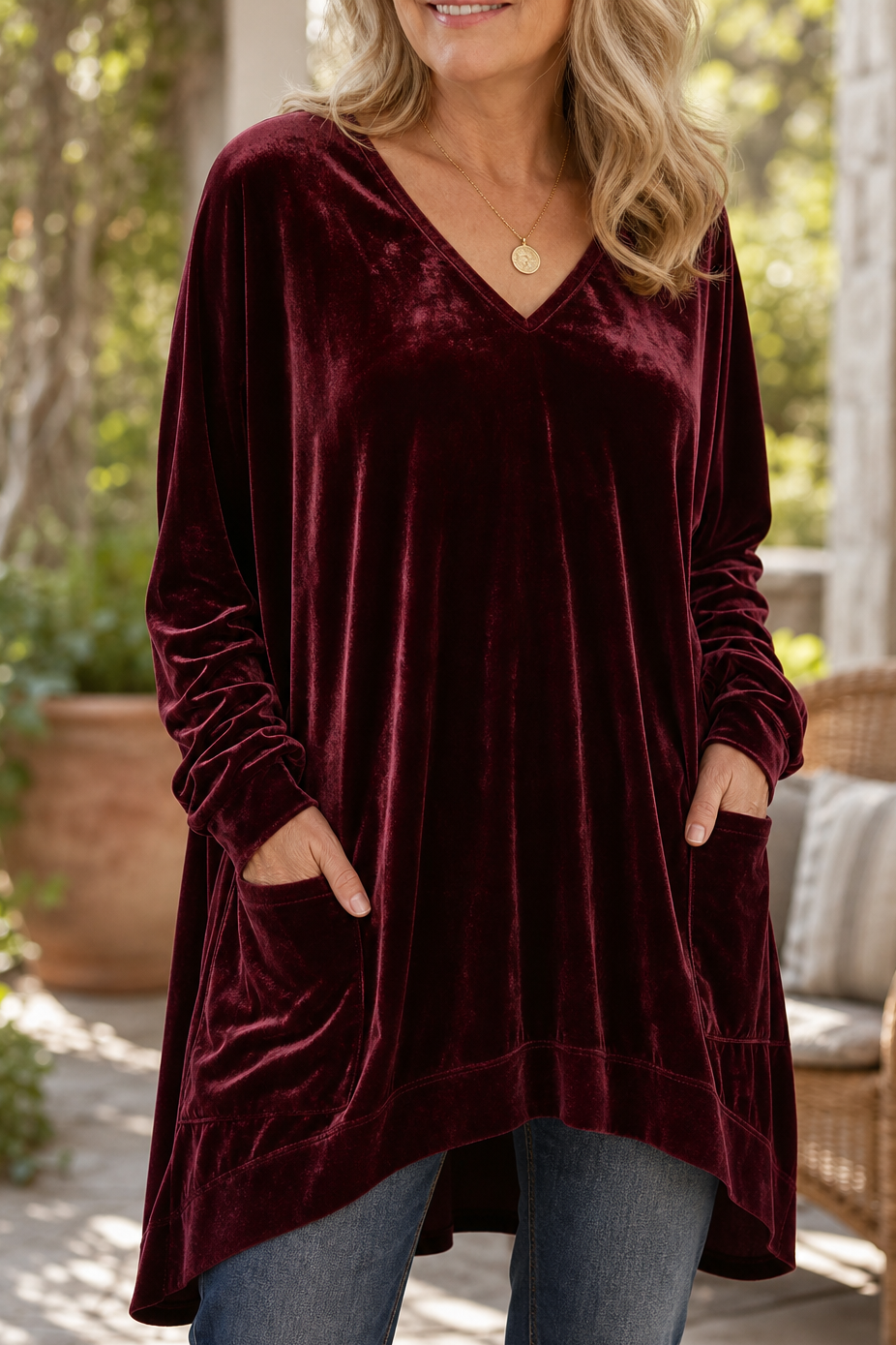 Janet | V-Neck Velvet Tunic Top with Pockets